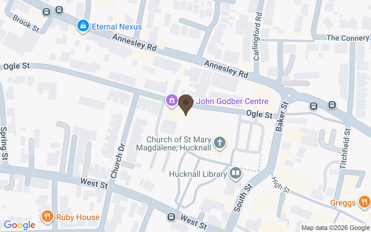 Map showing Church of St Mary Magdalene, Hucknall, Nottinghamshire