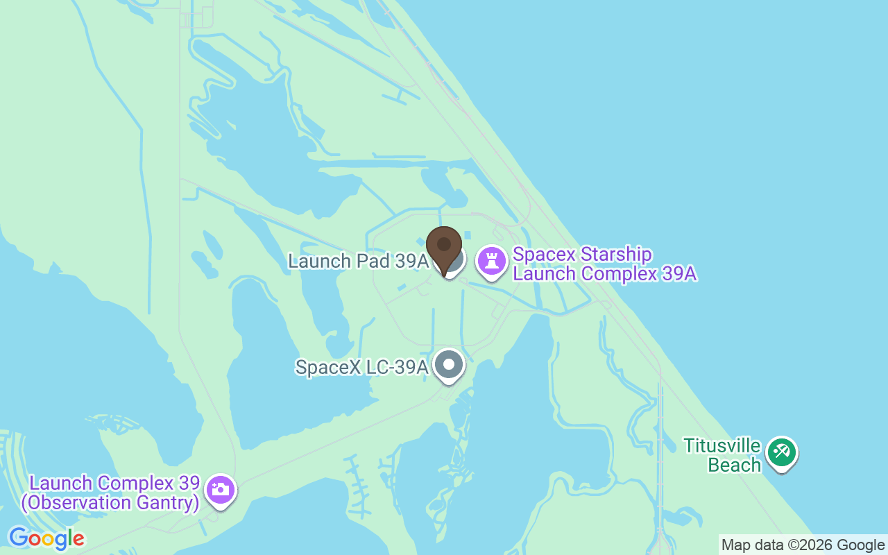 Mapa que situa Complexo de lançamento 39A, Centro Espacial Kennedy, Florida
