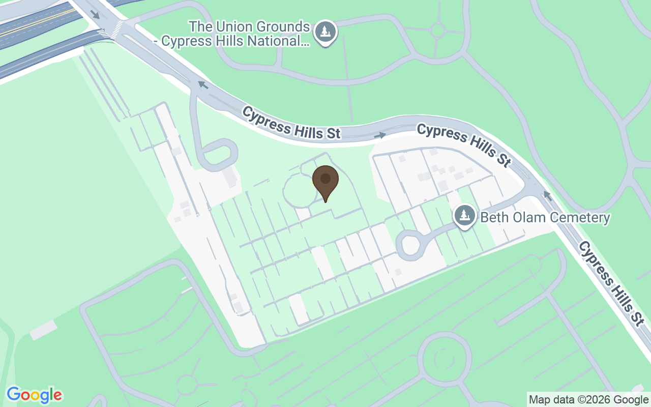 Mapa que situa Cemitério Beth Olom, Cypress Hills, Brooklyn, Nova Iorque