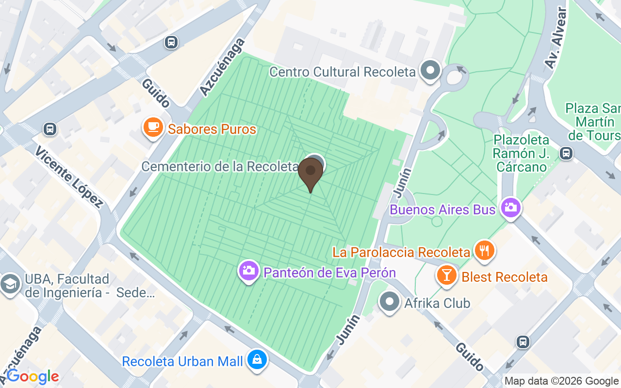 Carte situant Caveau de la famille Duarte, cimetière de la Recoleta, Buenos Aires