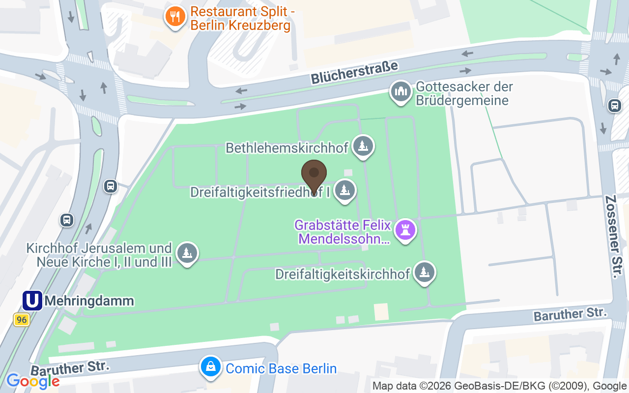 Karte mit Dreifaltigkeitsfriedhof I, Friedhöfe vor dem Halleschen Tor, Kreuzberg, Berlin