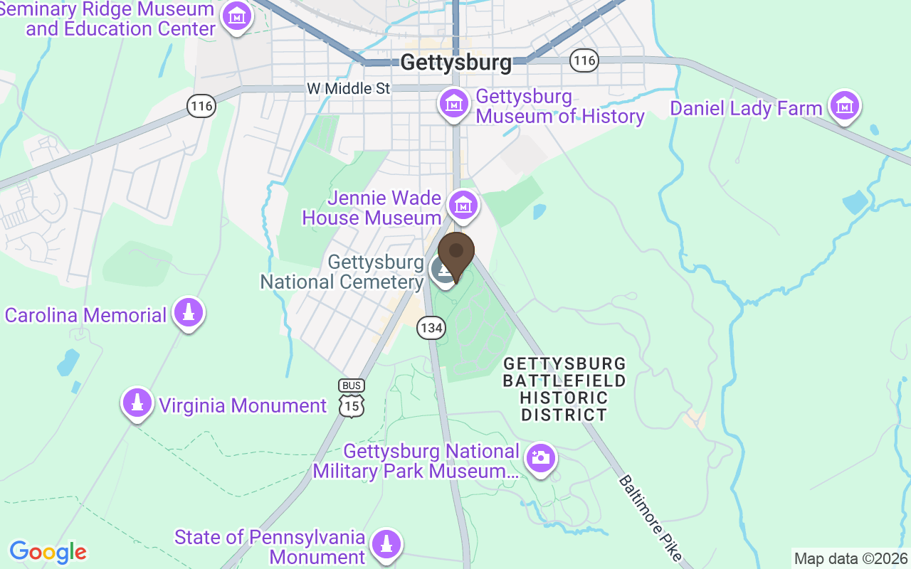 Mapa que sitúa Cementerio Nacional de los Soldados, Gettysburg, Pensilvania
