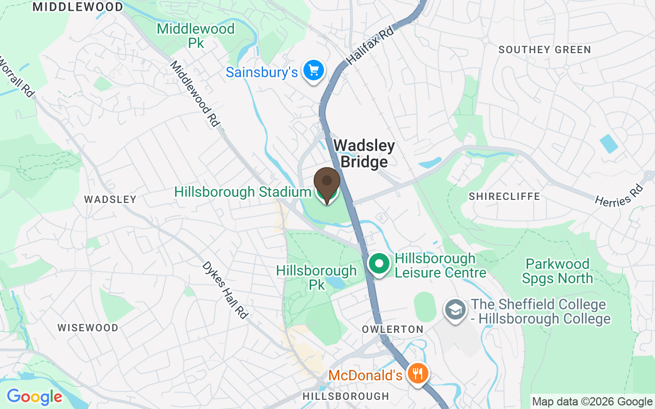Karte mit Hillsborough-Stadion, Sheffield, South Yorkshire