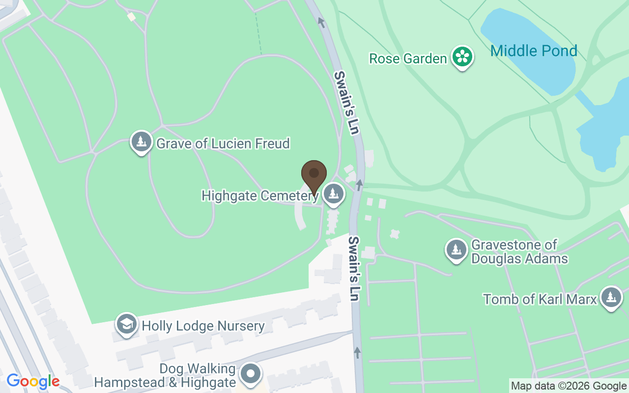 Karte mit Highgate Cemetery, London — das sandemanische Feld auf der Westseite
