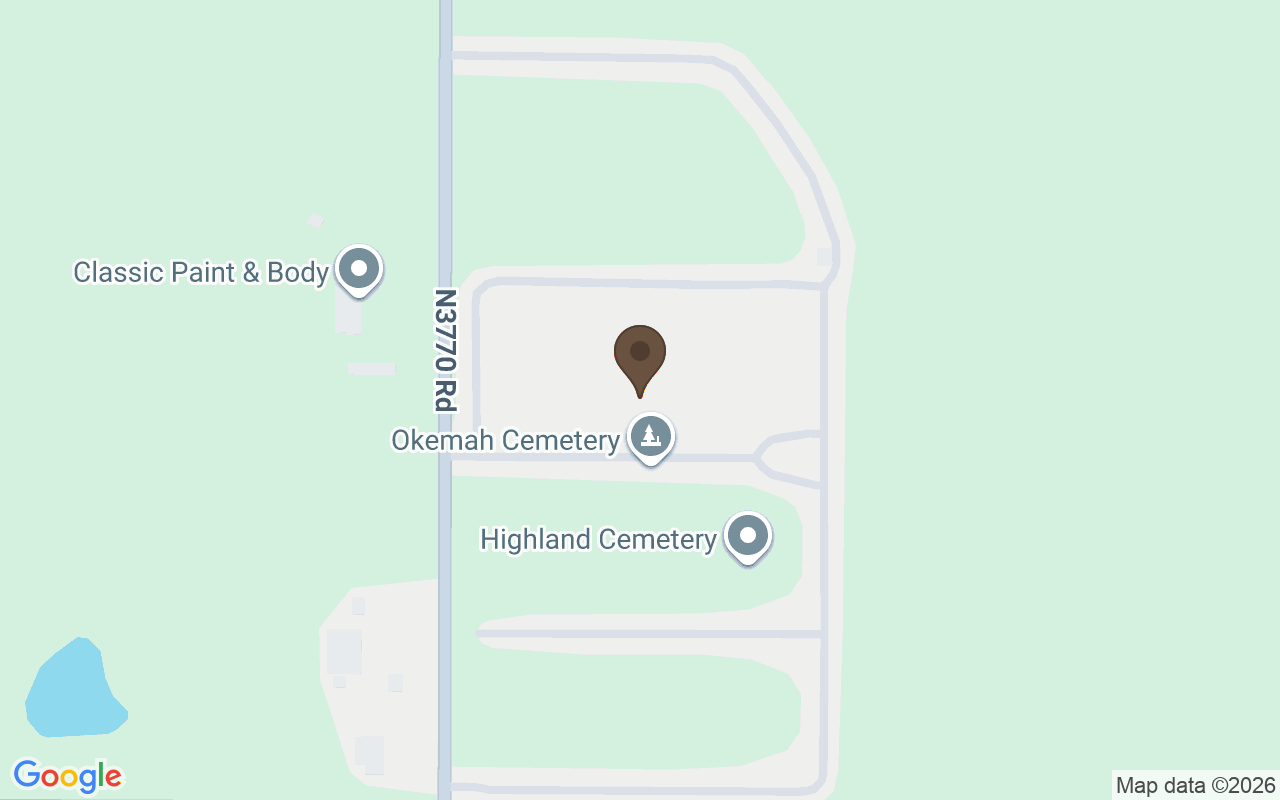 Map showing Highland Cemetery, Okemah, Oklahoma — a marker; his ashes were scattered at sea